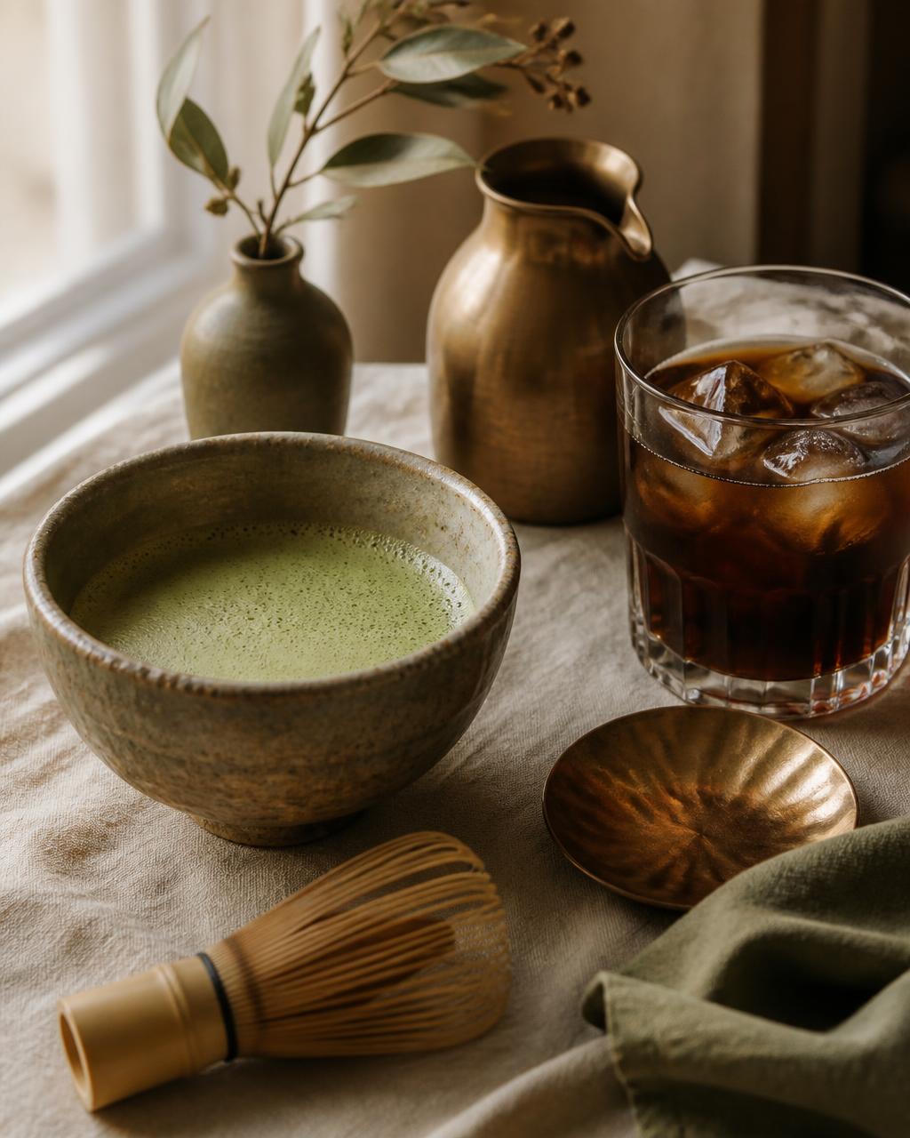 Hand-whisked ceremonial matcha in a stone bowl beside a glass of cold brew